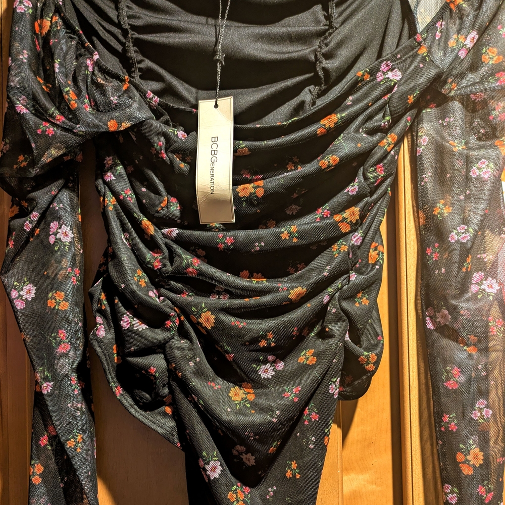 BCBGMaxAzria Black Floral Mesh Blouse